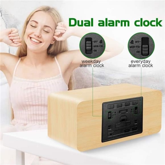 Digital Wooden Alarm Clock w/ Wireless Charging 0-100% Dimmer Dual Alarm Snooze - Picture 5 of 5